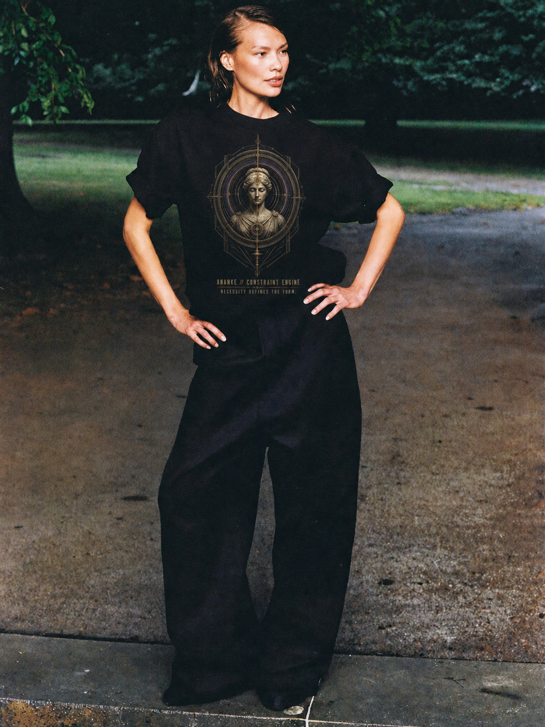 Ananke Constraint Engine black T-shirt — female Athens lifestyle shot 03