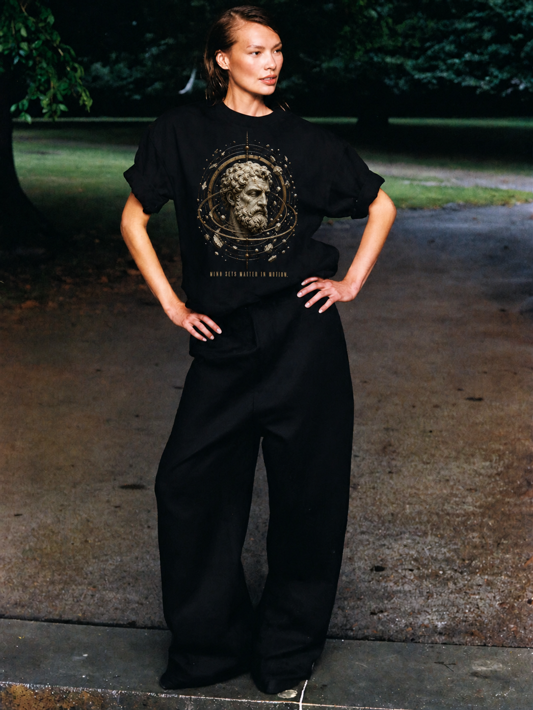 Anaxagoras Nous Engine black T-shirt — female Athens lifestyle shot 03