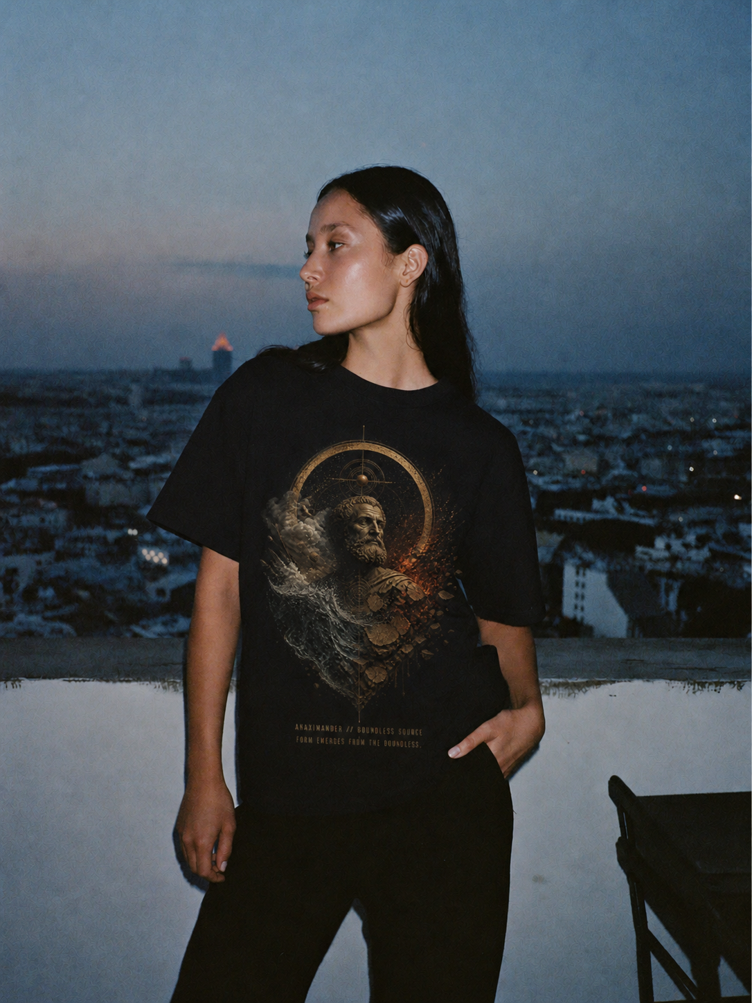 Anaximander Boundless Source black T-shirt — female Athens lifestyle shot 03