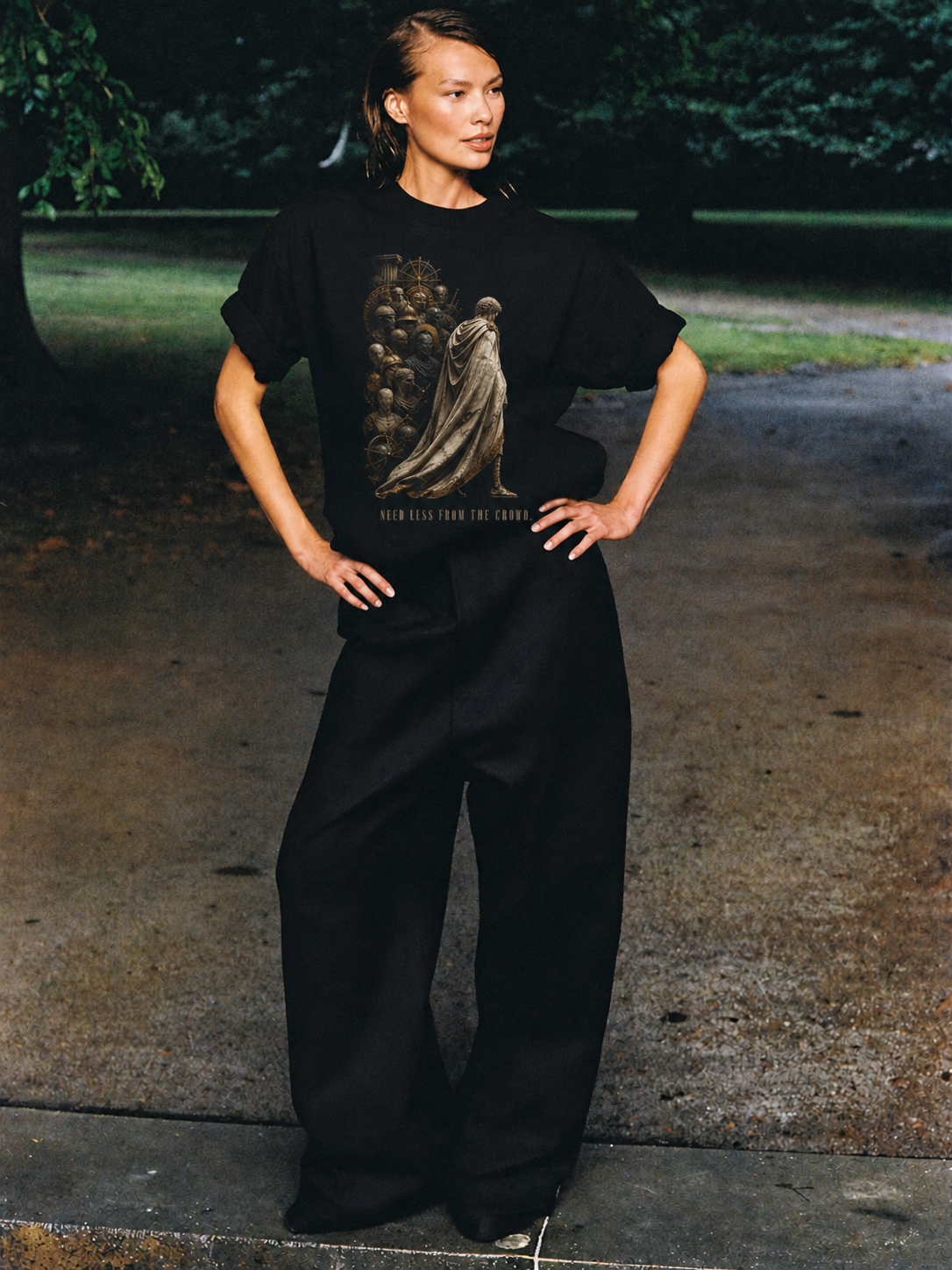 Antisthenes Self-Sufficiency black T-shirt — female Athens lifestyle shot 03