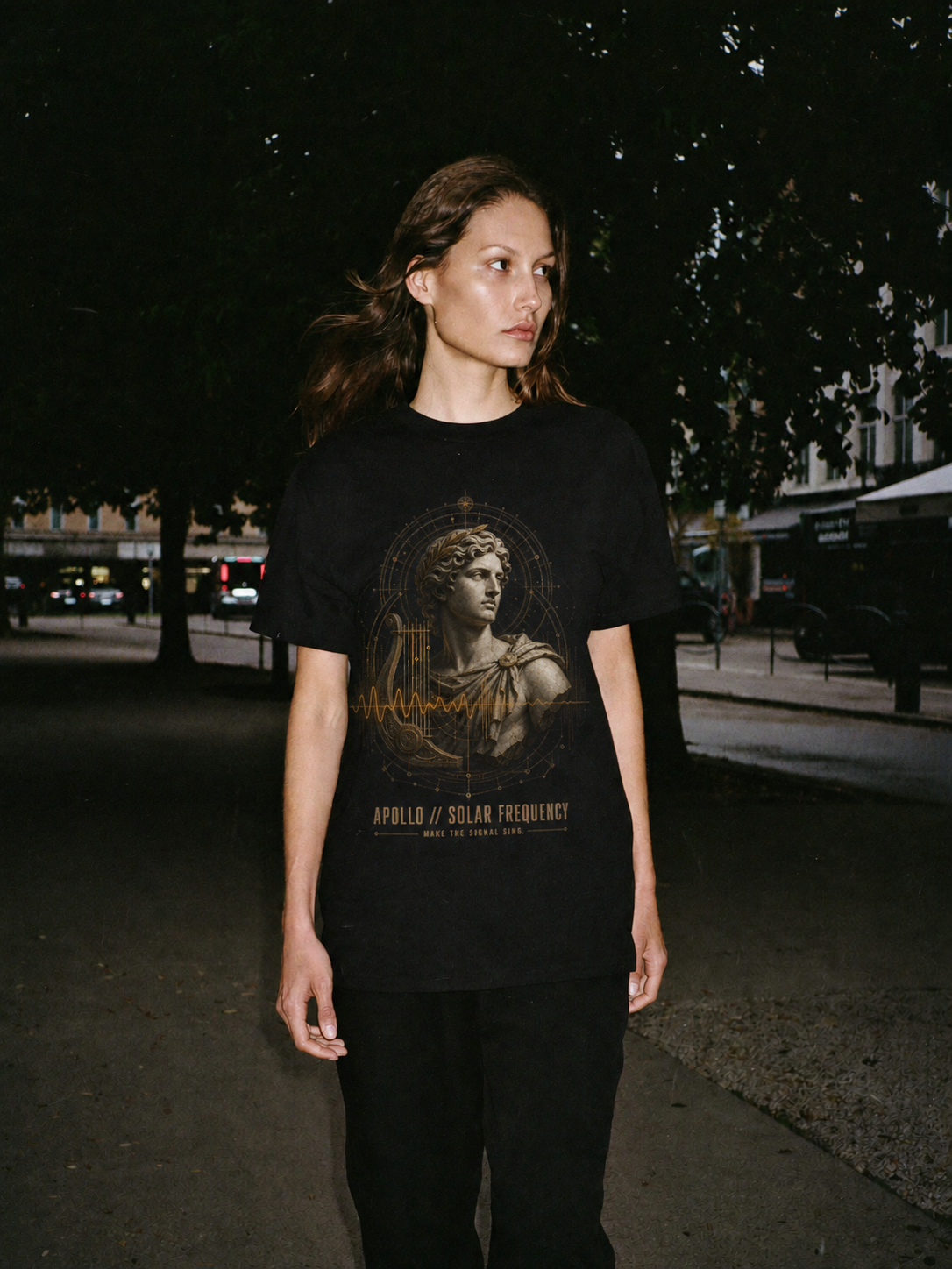 Apollo Solar Frequency black T-shirt — female Athens lifestyle shot 03
