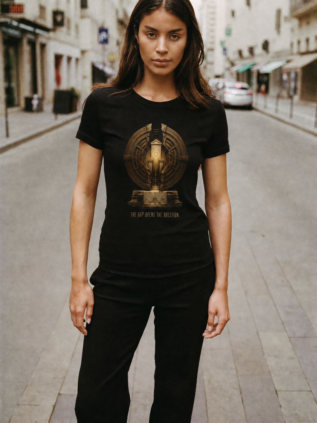 Aporia Productive Doubt black T-shirt — female Athens lifestyle shot 03