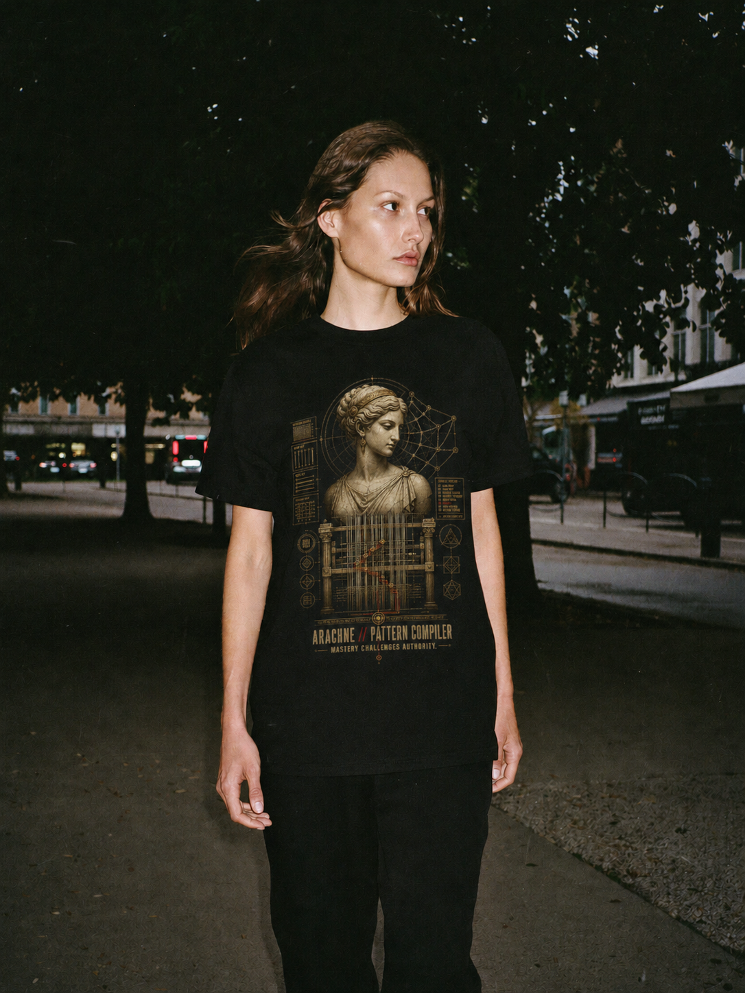 Arachne Pattern Compiler black T-shirt — female Athens lifestyle shot 03
