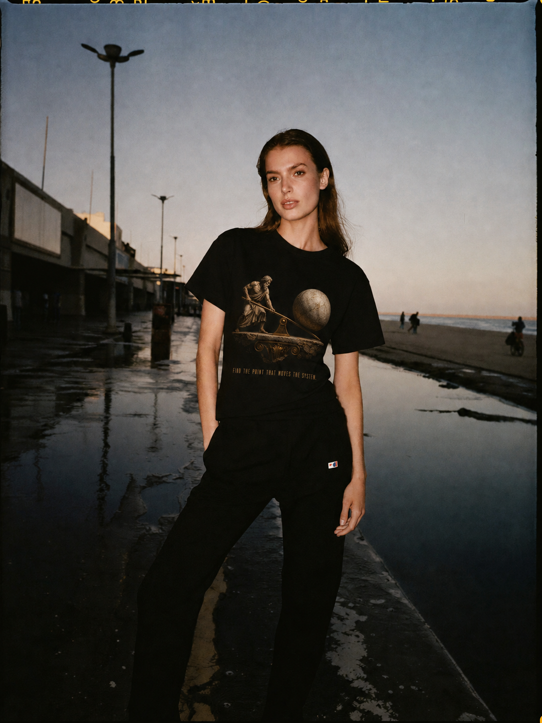 Archimedes Leverage Principle T-Shirt — female lifestyle scene 1 in Athens