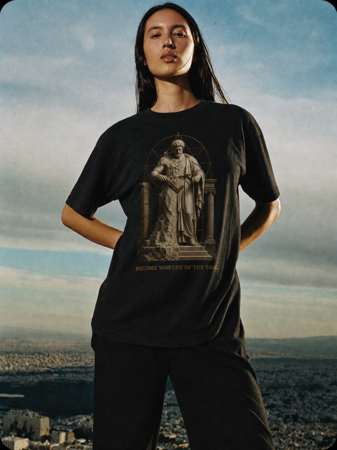 Arete Excellence Standard black T-shirt — female Athens lifestyle shot 03