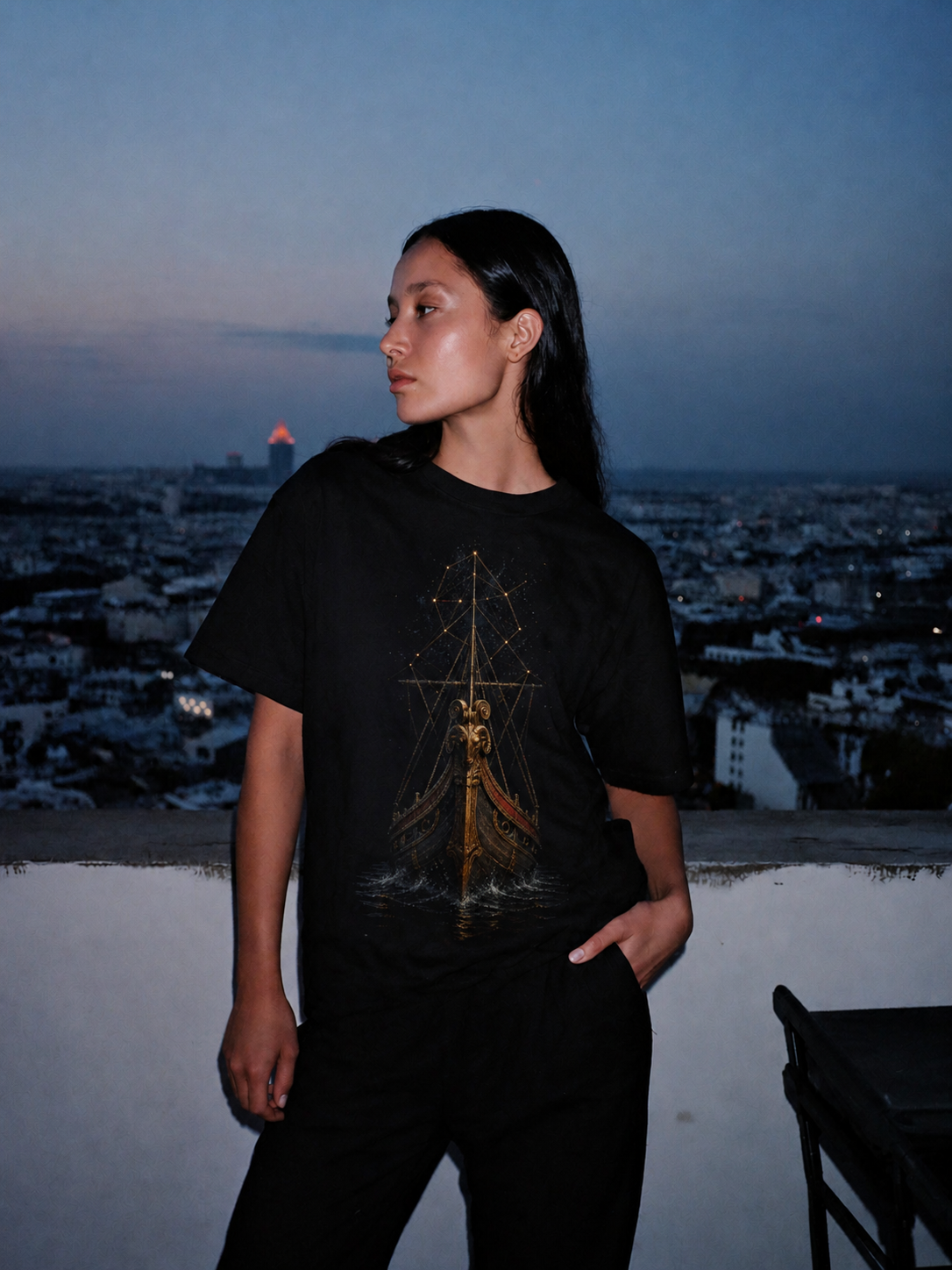 Argo Celestial Hull black T-shirt — female Athens lifestyle shot 03