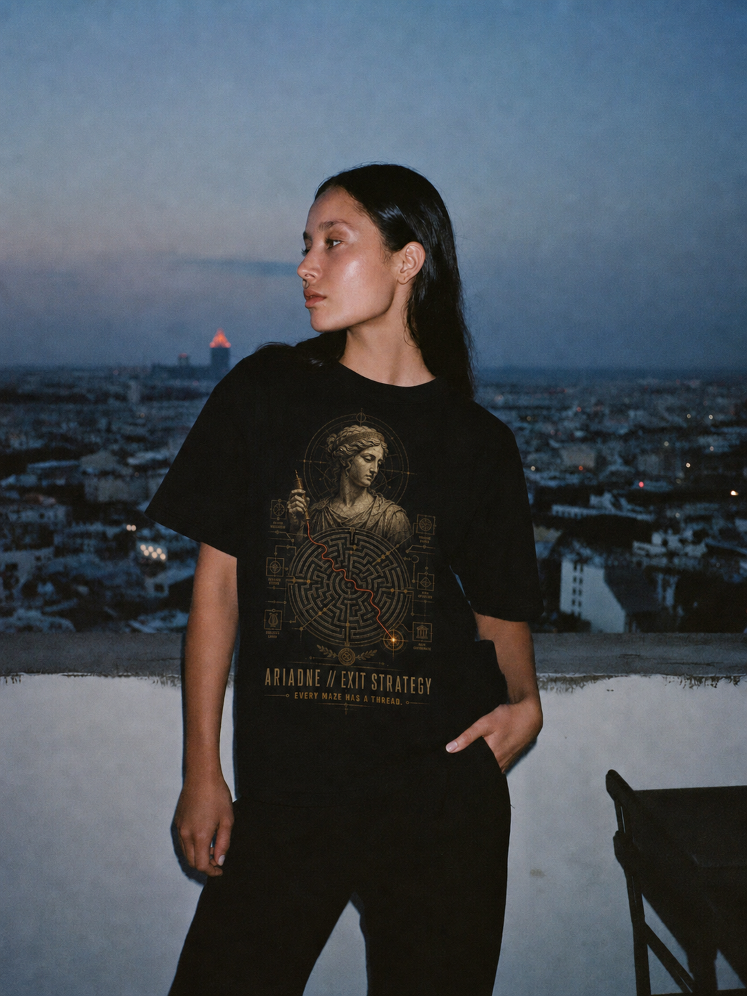 Ariadne Exit Strategy black T-shirt — female Athens lifestyle shot 03