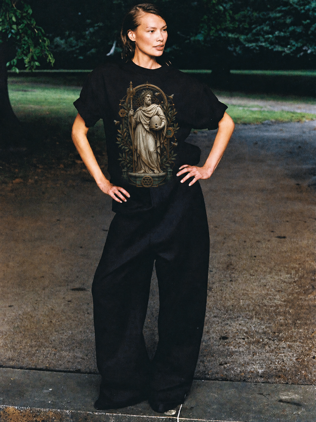 Aristaeus Hive Order black T-shirt — female Athens lifestyle shot 03