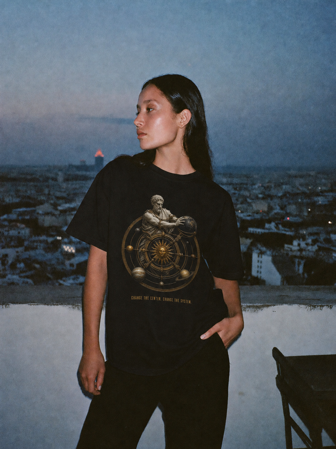 Aristarchus Center Shift T-Shirt — female lifestyle scene 1 in Athens