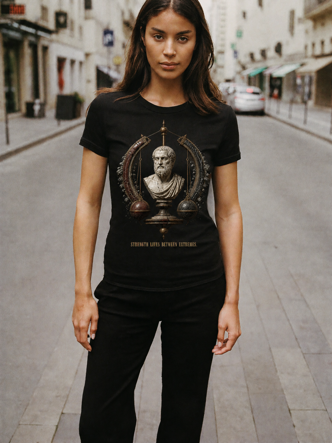 Aristotle Golden Mean black T-shirt — female Athens lifestyle shot 03