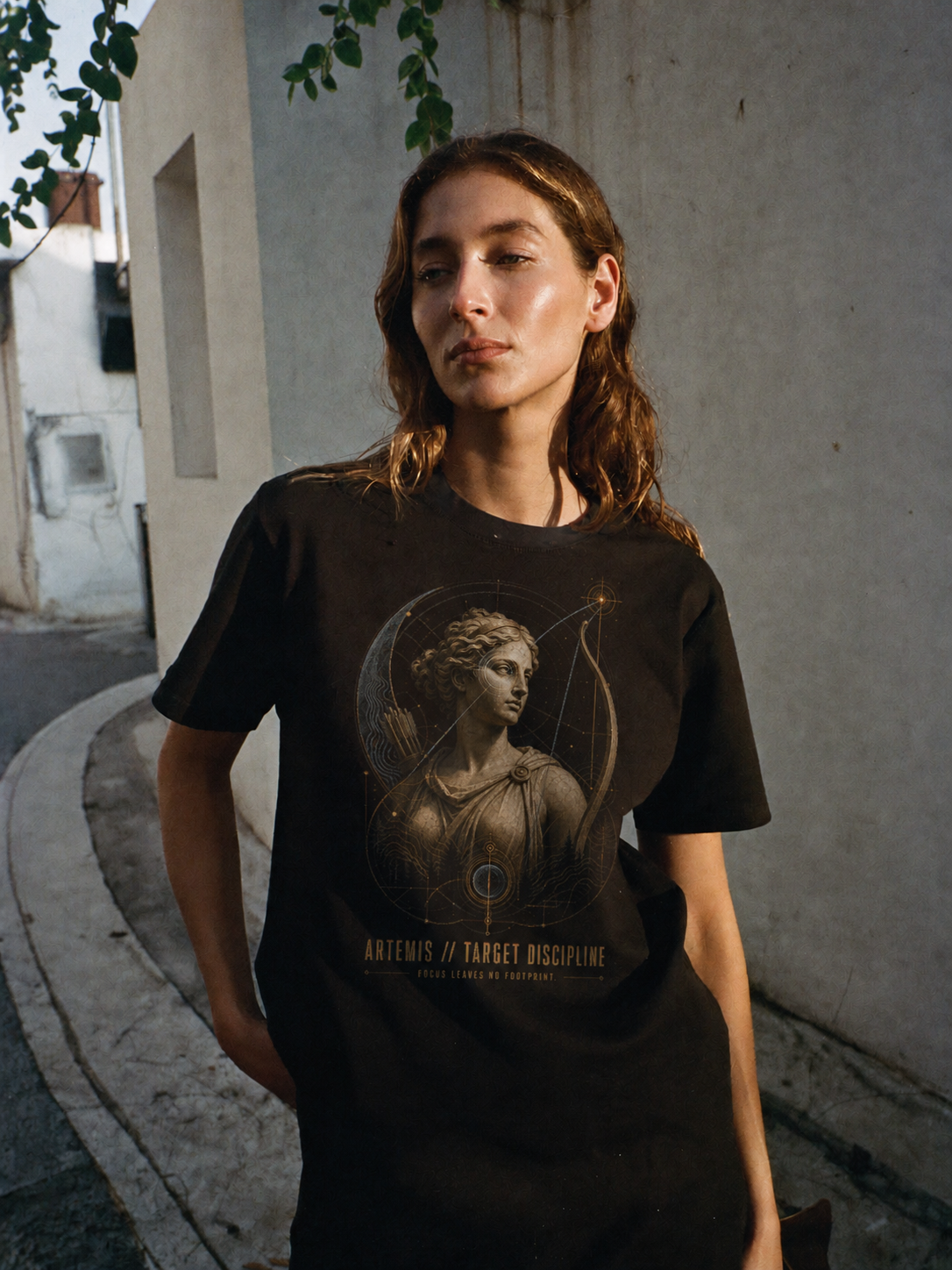 Artemis Target Discipline black T-shirt — female Athens lifestyle shot 03