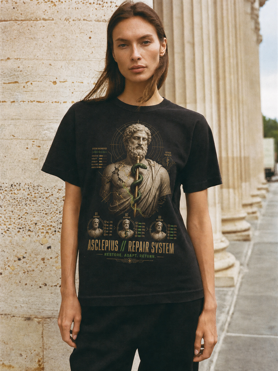 Asclepius Repair System black T-shirt — female Athens lifestyle shot 03