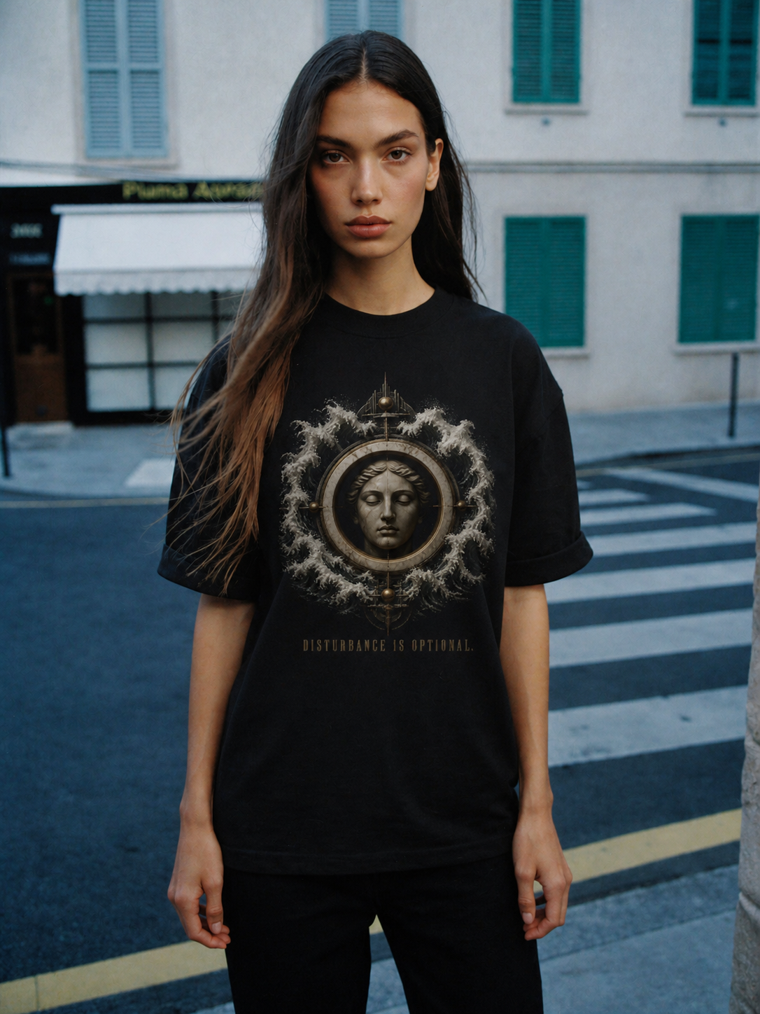 Ataraxia Quiet State black T-shirt — female Athens lifestyle shot 03