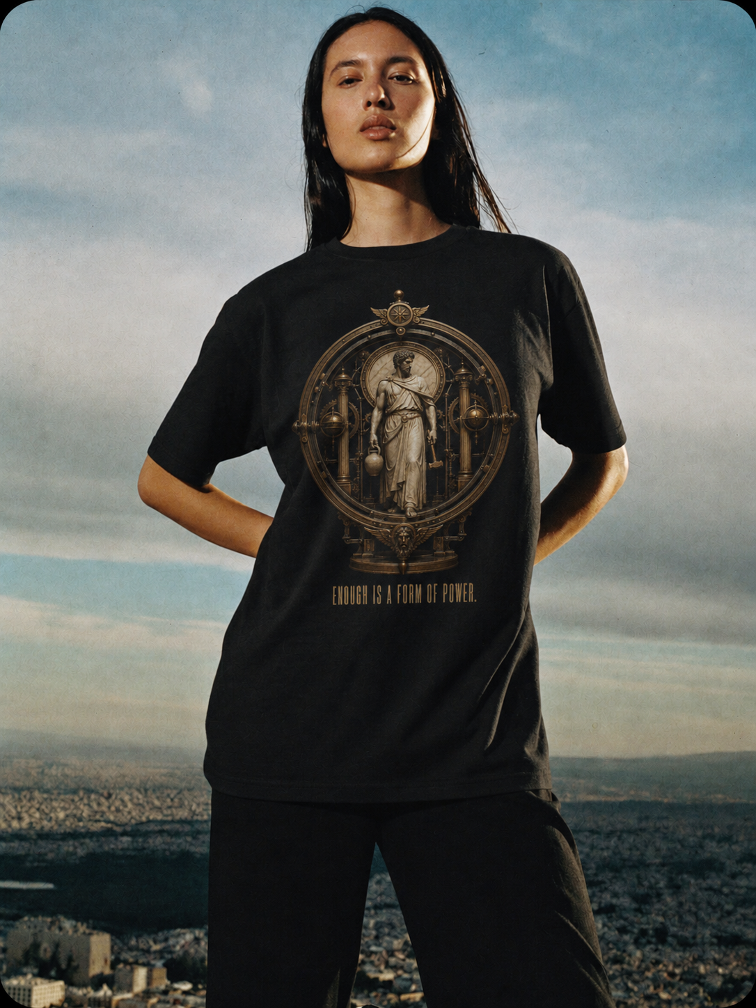 Autarkeia Independent State black T-shirt — female Athens lifestyle shot 03