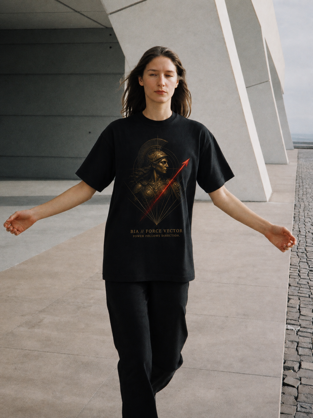 Bia Force Vector black T-shirt — female Athens lifestyle shot 03