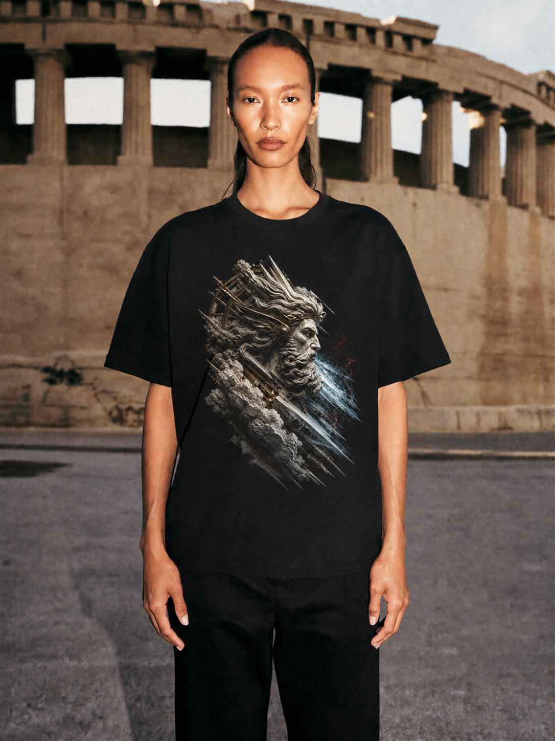 Boreas North Current black T-shirt — female Athens lifestyle shot 03