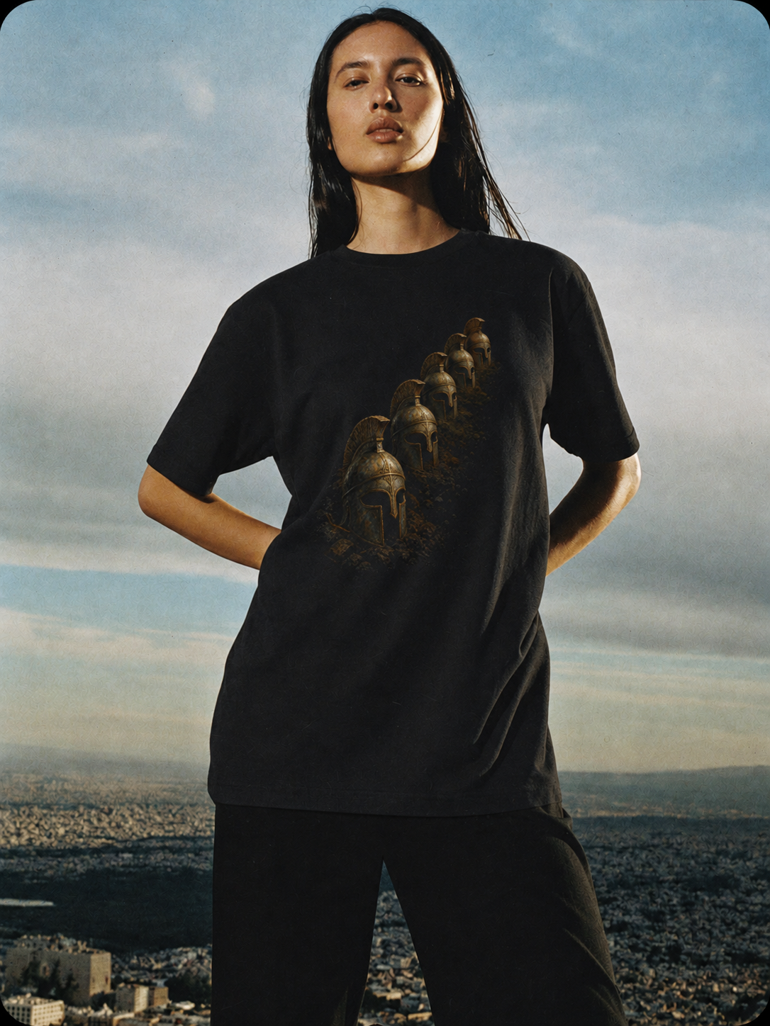 Cadmus Sown Warriors black T-shirt — female Athens lifestyle shot 03