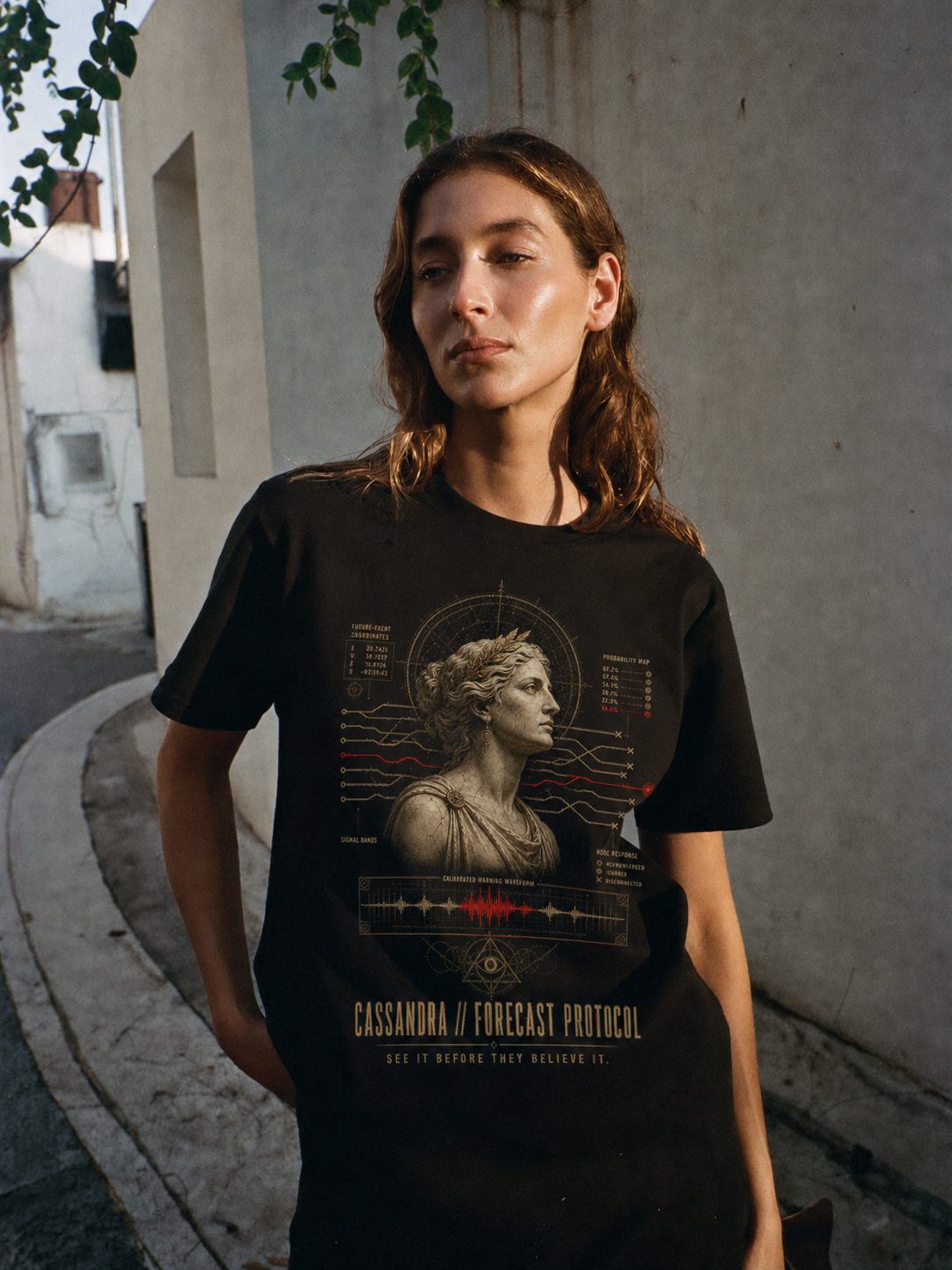 Cassandra Forecast Protocol black T-shirt — female Athens lifestyle shot 03