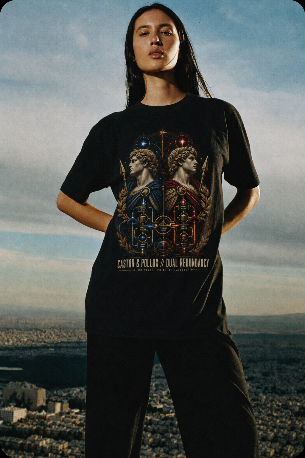 Castor Pollux Dual Redundancy black T-shirt — female Athens lifestyle shot 03