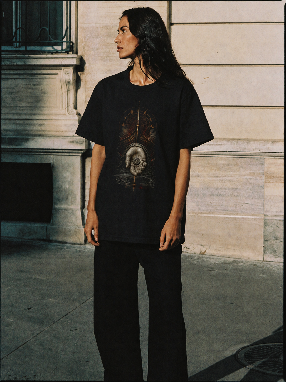 Charon's Obol black T-shirt — female Athens lifestyle shot 03