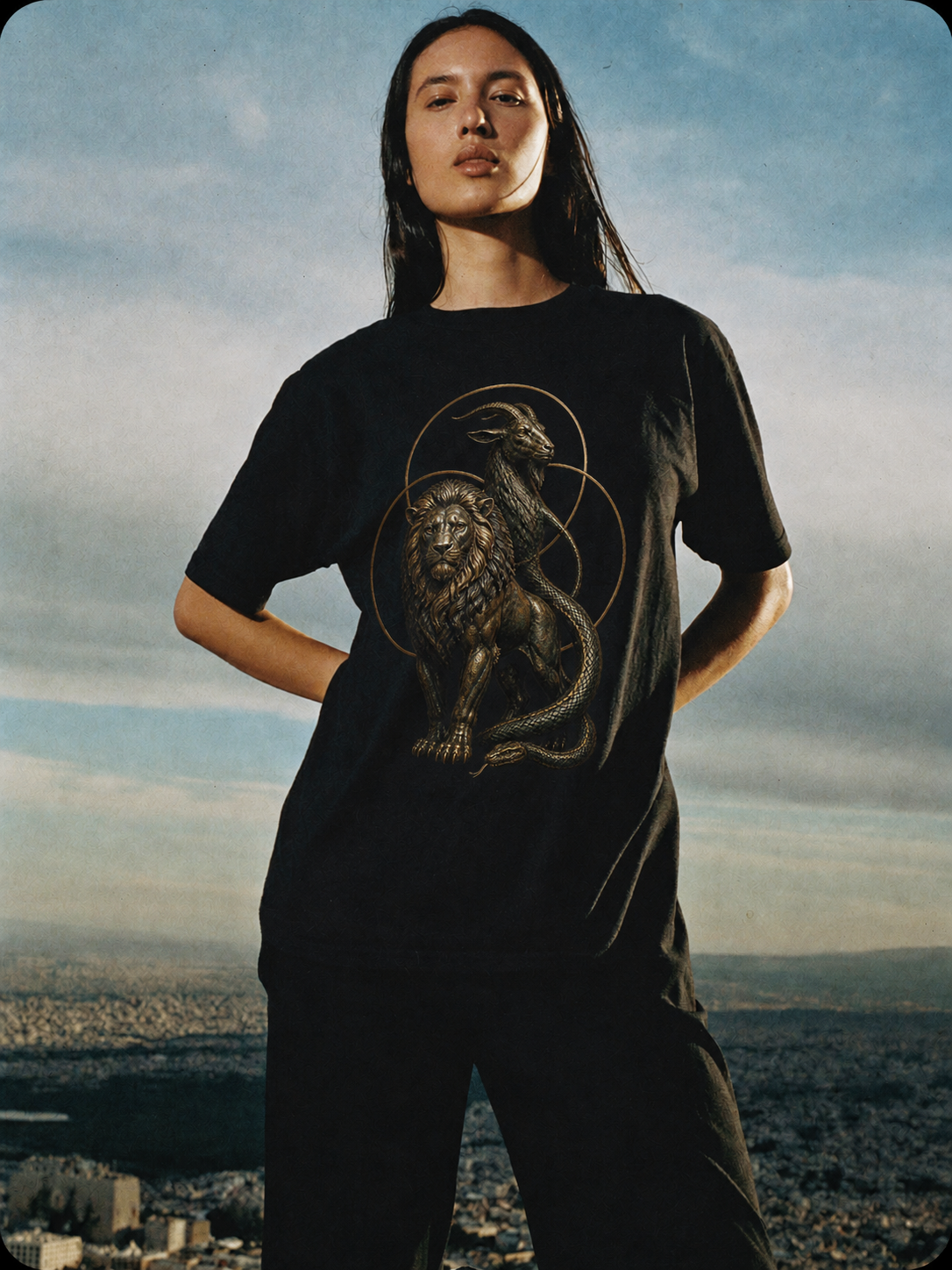 Chimera Tri-Form black T-shirt — female Athens lifestyle shot 03