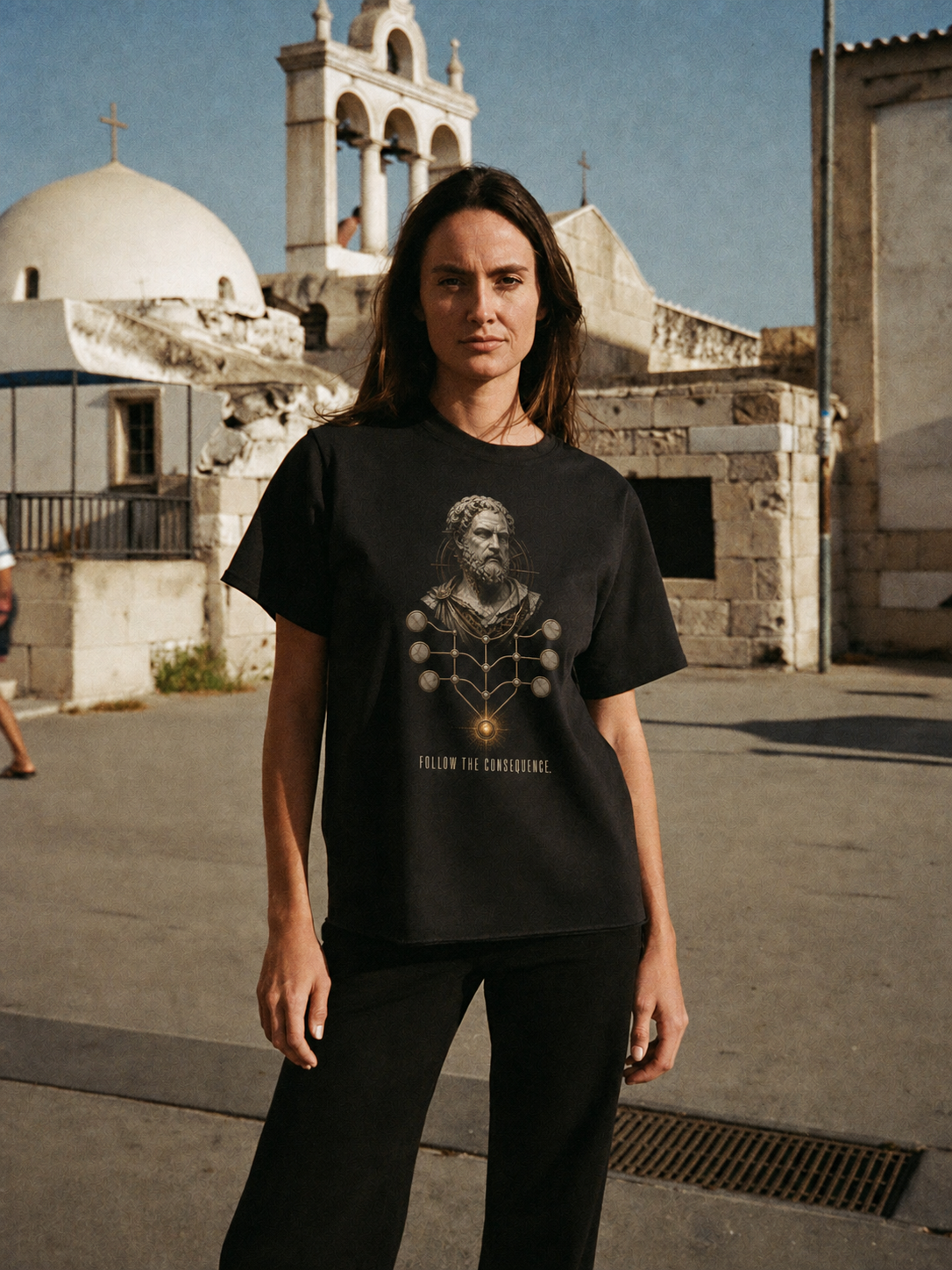 Chrysippus Logic Mesh black T-shirt — female Athens lifestyle shot 03