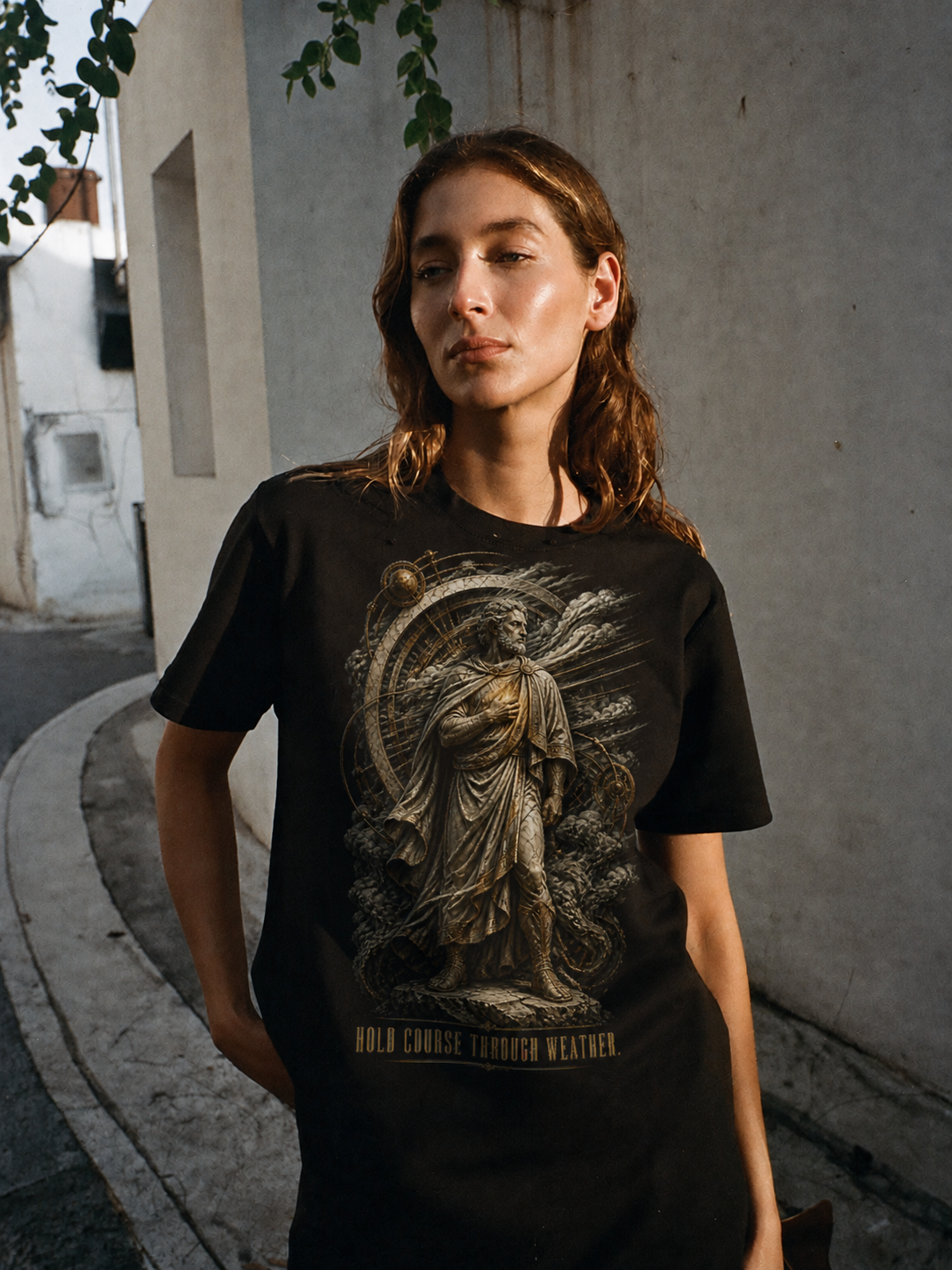 Cleanthes Inner Fire black T-shirt — female Athens lifestyle shot 03
