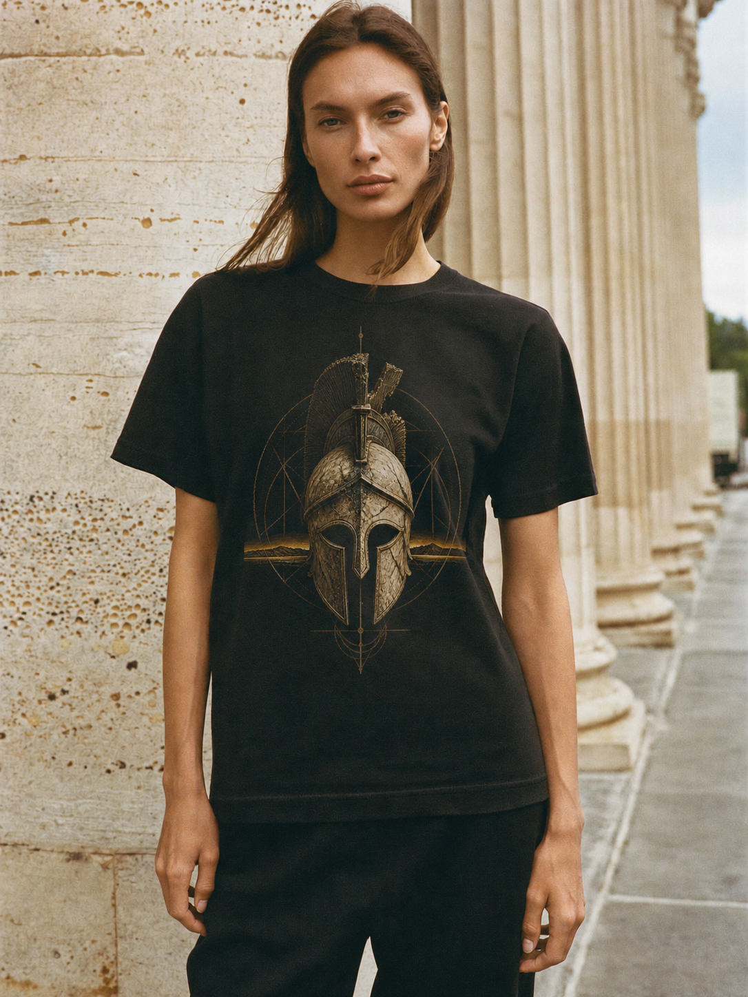 Corinthian Sentinel black T-shirt — female Athens lifestyle shot 03