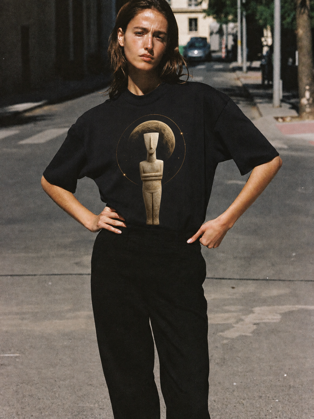 Cycladic Star Figure black T-shirt — female Athens lifestyle shot 03