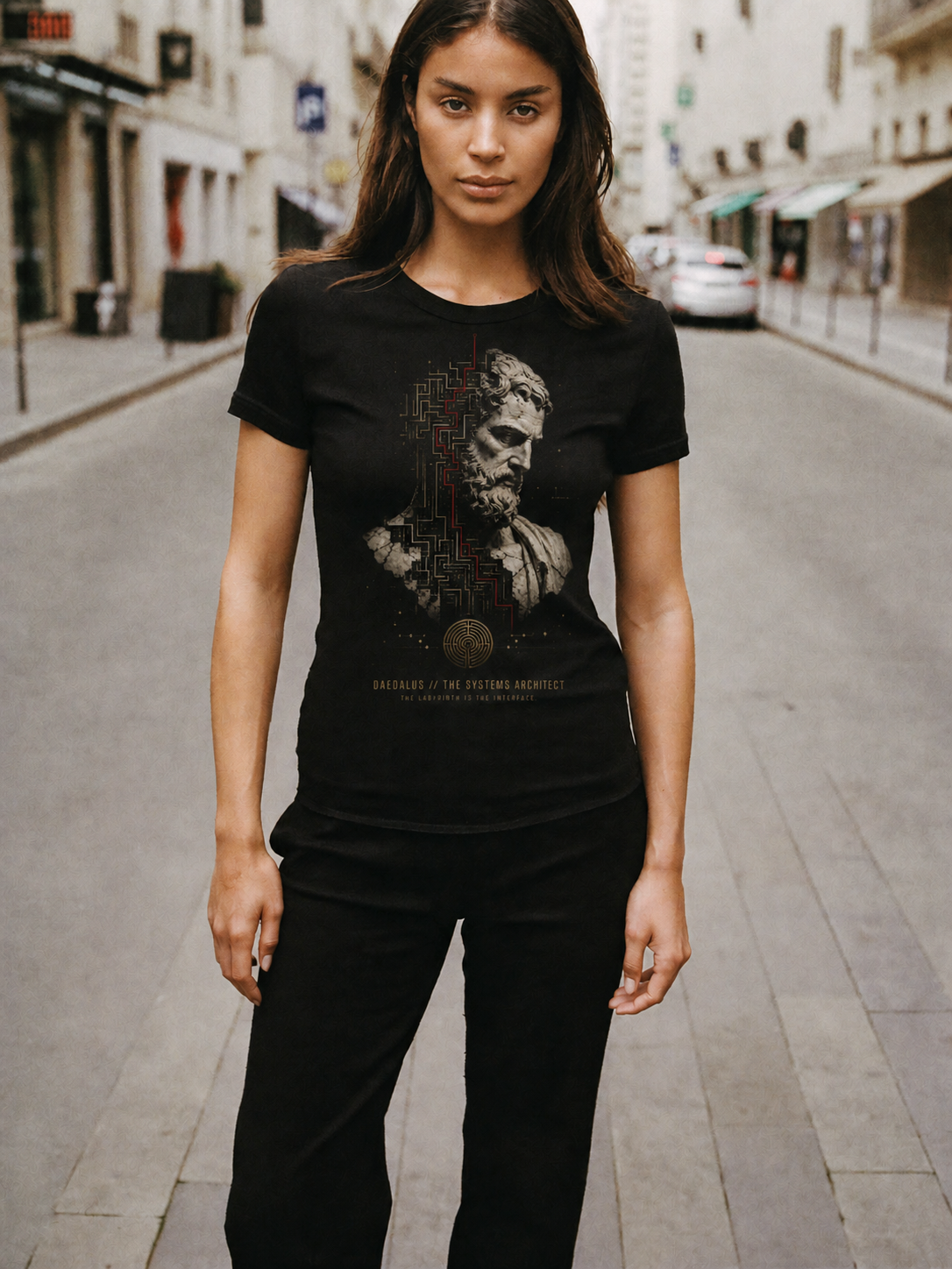 Daedalus Systems Architect black T-shirt — female Athens ImageGen lifestyle view 1