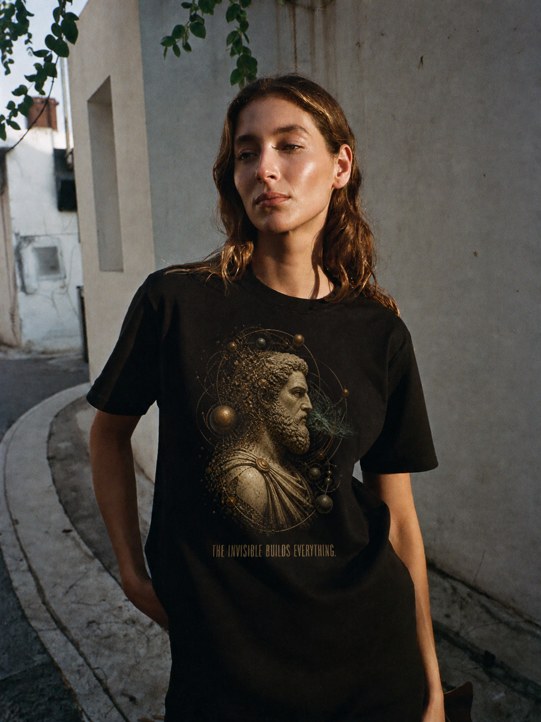 Democritus Atomic Field black T-shirt — female Athens lifestyle shot 03