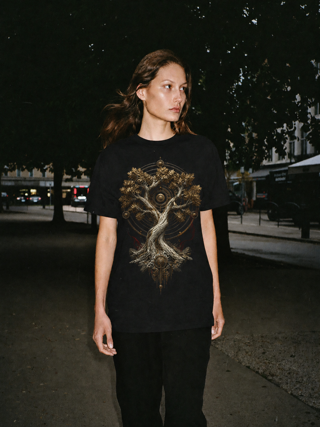 Dodona Sacred Oak black T-shirt — female Athens lifestyle shot 03