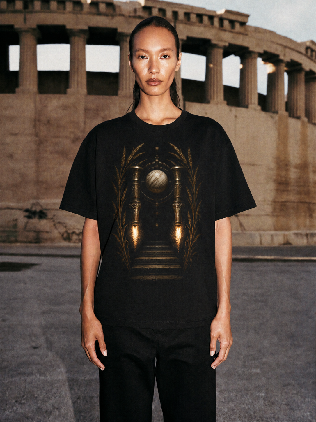 Eleusinian Torch Descent black T-shirt — female Athens lifestyle shot 03