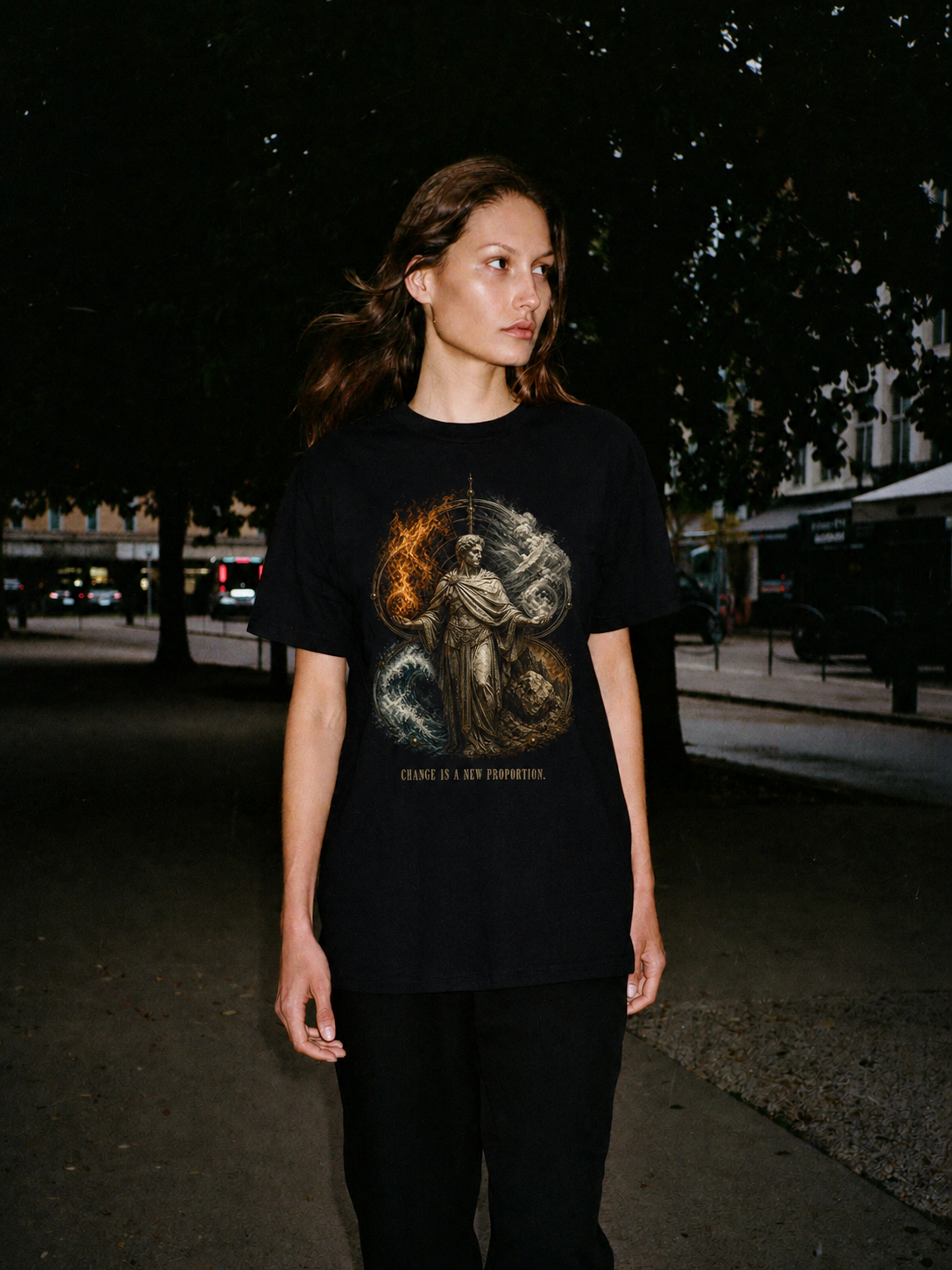 Empedocles Four Roots black T-shirt — female Athens lifestyle shot 03