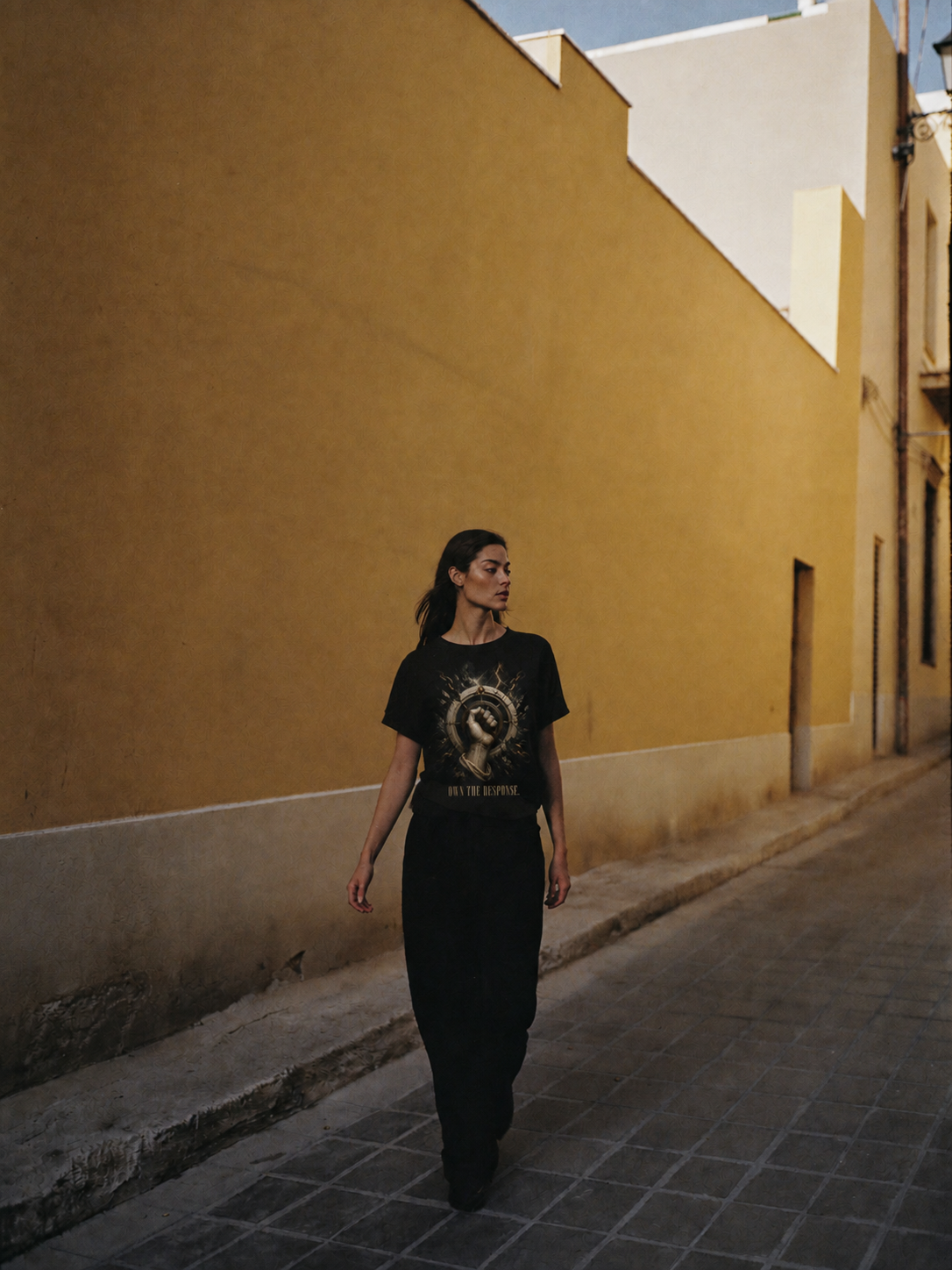 Epictetus Control Boundary black T-shirt — female Athens lifestyle shot 03