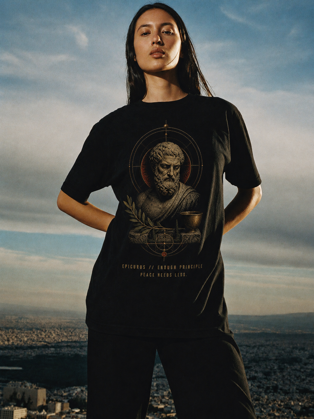 Epicurus Enough Principle black T-shirt — female Athens lifestyle shot 03
