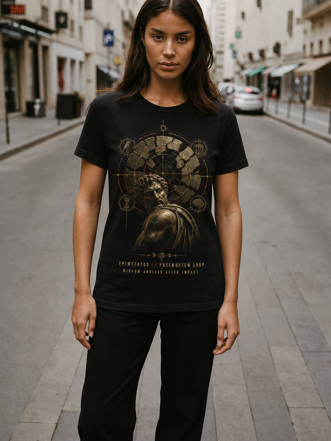 Epimetheus Postmortem Loop black T-shirt — female Athens lifestyle shot 03