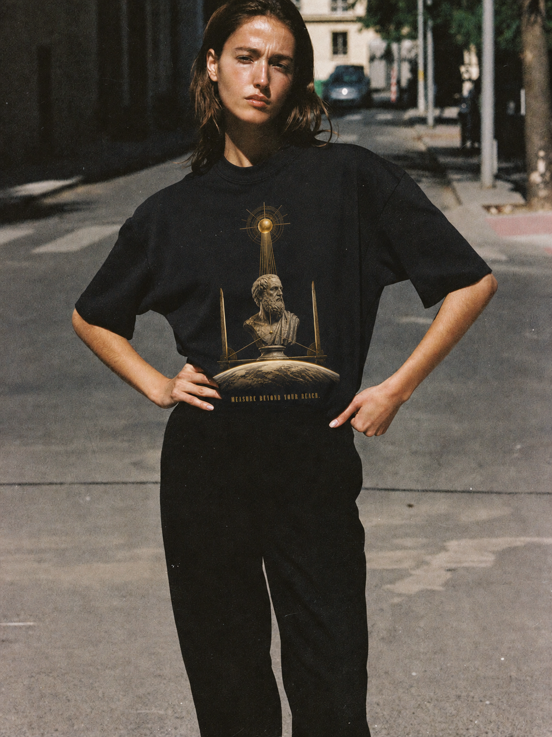 Eratosthenes Shadow Measure T-Shirt — female lifestyle scene 1 in Athens