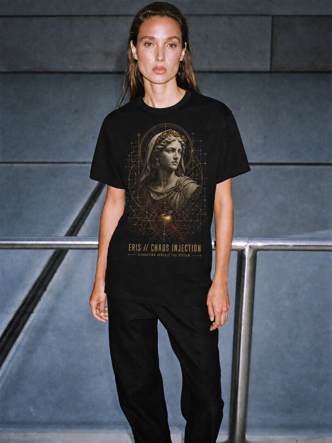 Eris Chaos Injection black T-shirt — female Athens lifestyle shot 03