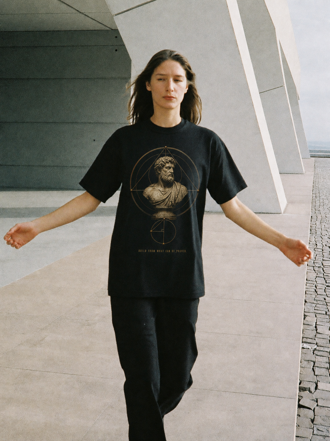 Euclid Proof Architecture T-Shirt — female lifestyle scene 1 in Athens