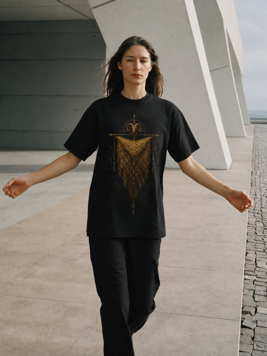 Golden Fleece Relic black T-shirt — female Athens lifestyle shot 03