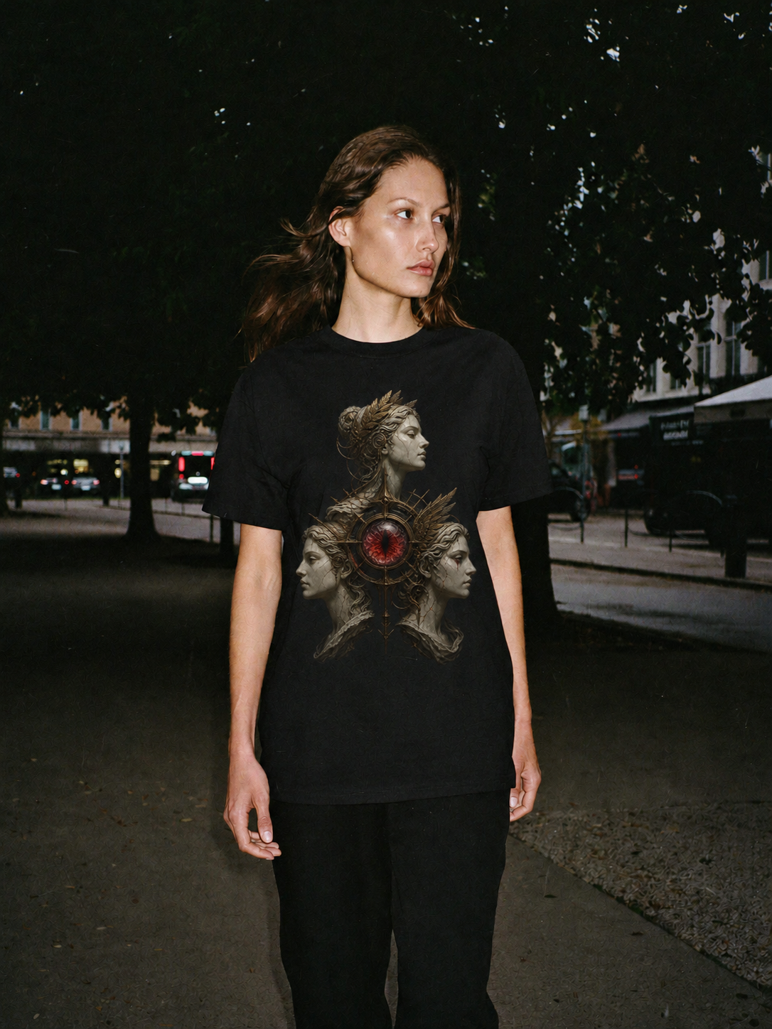 Graeae Shared Eye black T-shirt — female Athens lifestyle shot 03