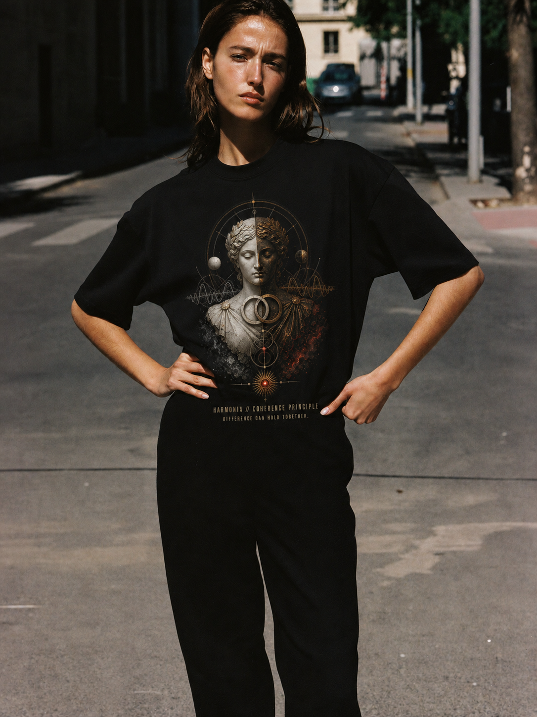 Harmonia Coherence Principle black T-shirt — female Athens lifestyle shot 03
