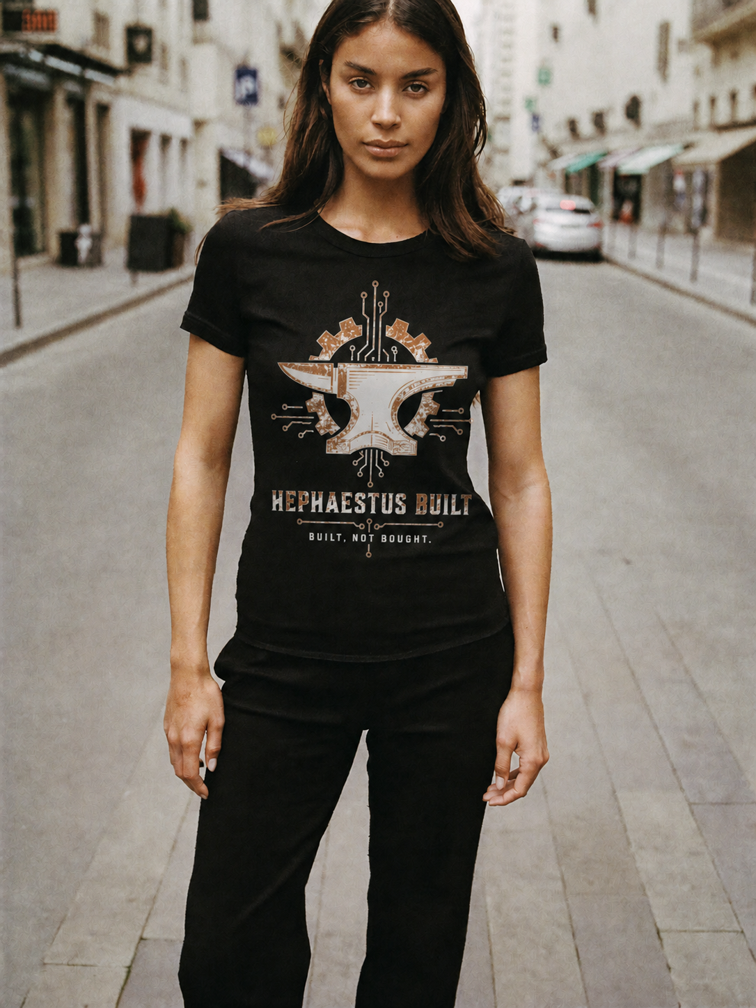 Hephaestus Built black T-shirt — female Athens lifestyle view 1