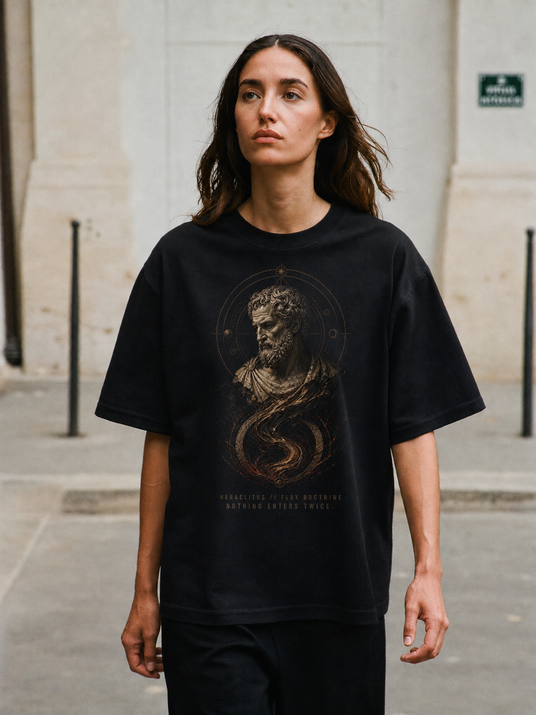 Heraclitus Flux Doctrine black T-shirt — female Athens lifestyle shot 03