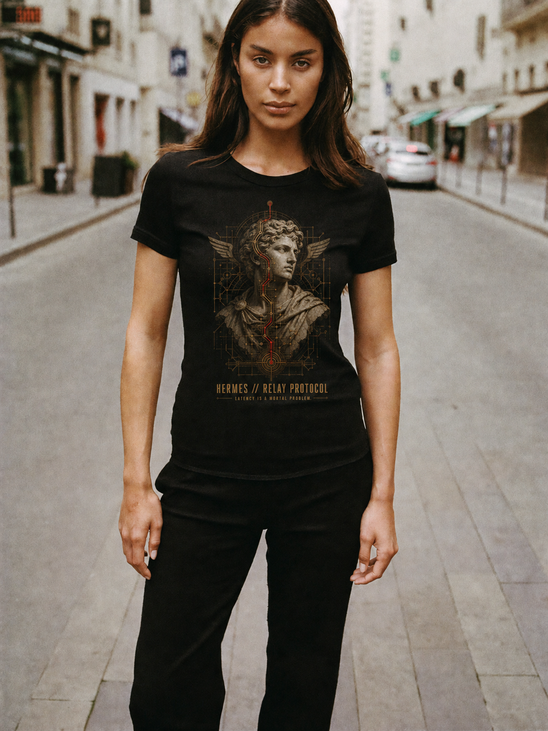 Hermes Relay Protocol black T-shirt — female Athens lifestyle shot 03