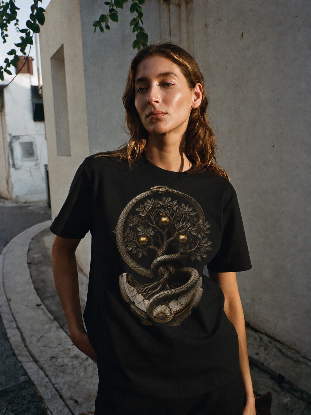 Hesperides Golden Orchard black T-shirt — female Athens lifestyle shot 03