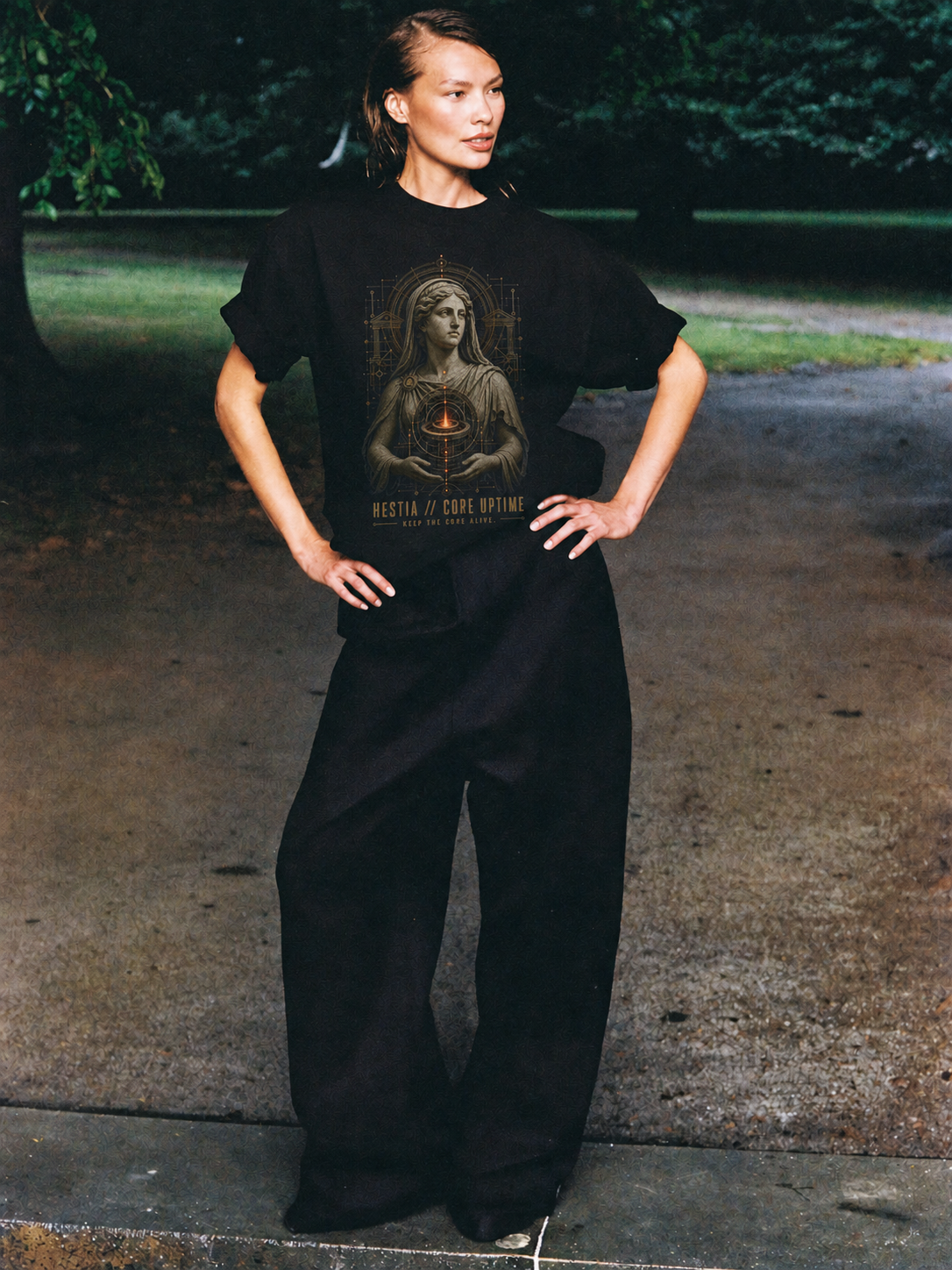 Hestia Core Uptime black T-shirt — female Athens lifestyle shot 03