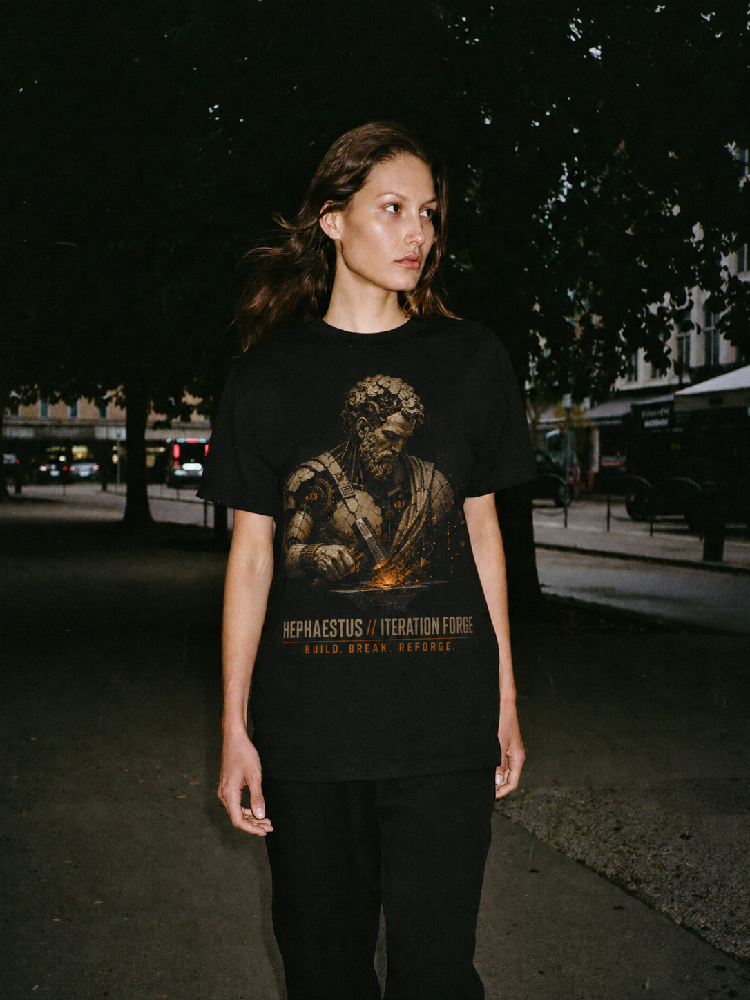 Hephaestus Iteration Forge black T-shirt — female Athens lifestyle view 1