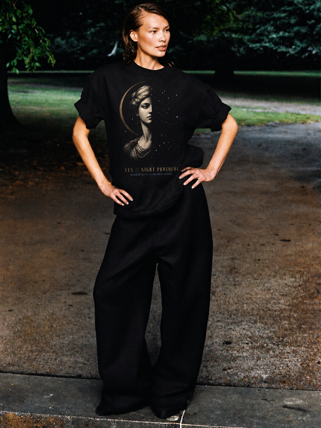 Nyx Night Protocol black T-shirt — female Athens lifestyle view 1